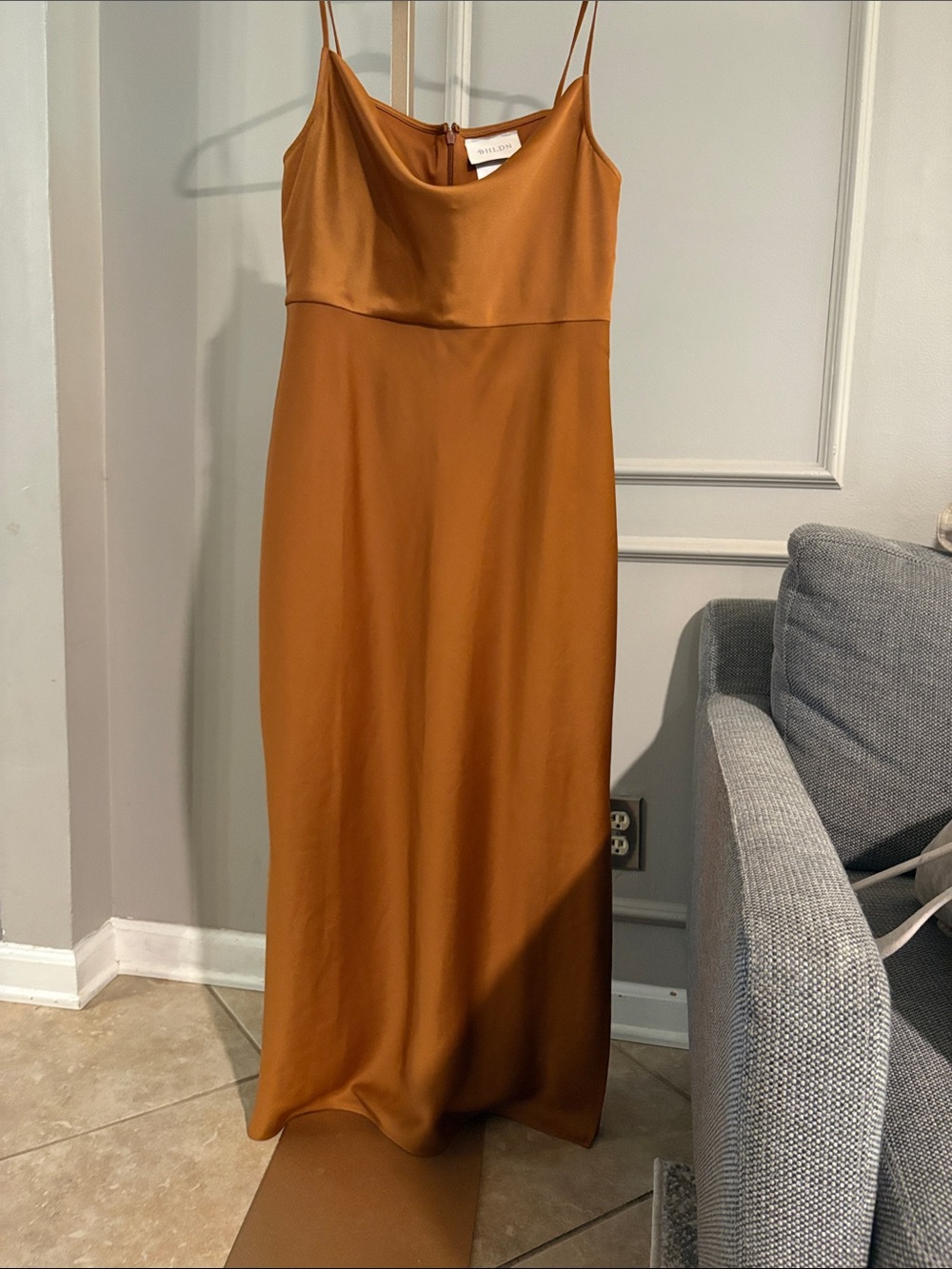 BHLDN Rust Satin Slip Maxi Dress